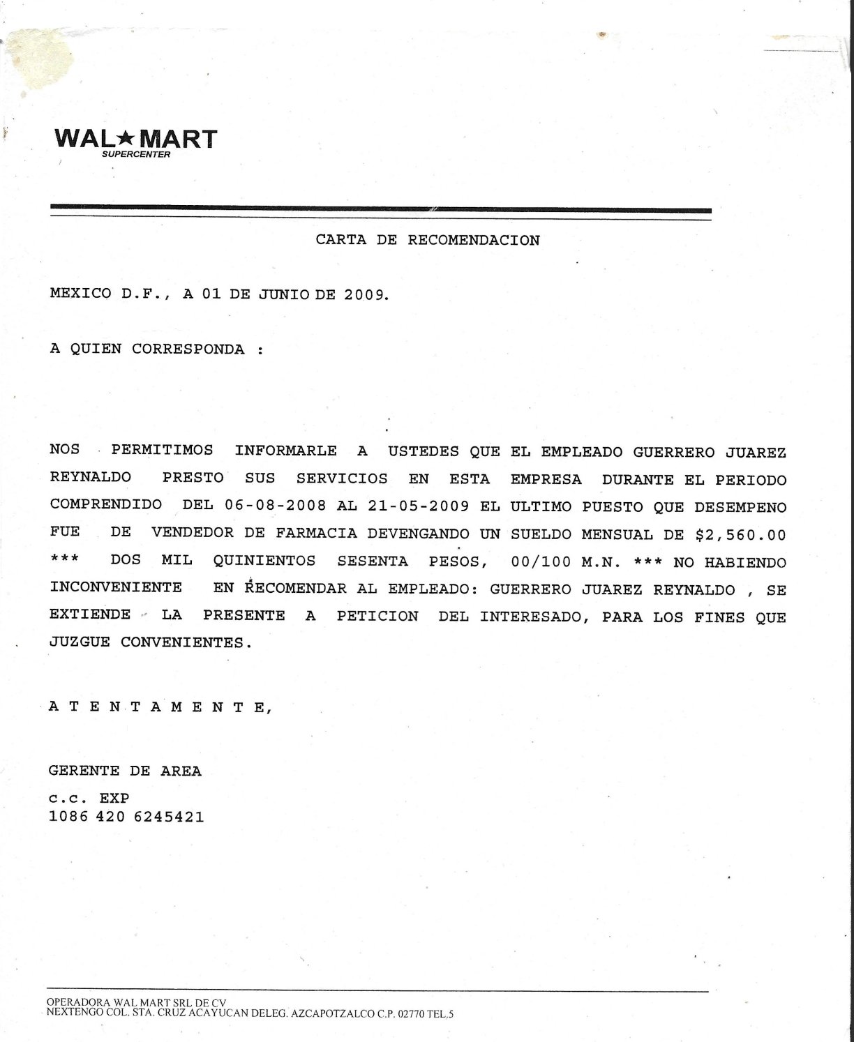 Carta de Recomendacion Walt Mart